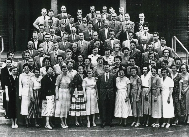 From Lynn Waller **  The photo above is of the 1952 Jane Addams Jr High Faculty.  How many of you had Mary Gates in your 8th or 9th grade?  She is pictured on the right in a polka dot dress, 1st row. She left teaching to have her family - KRISTI, BILL and